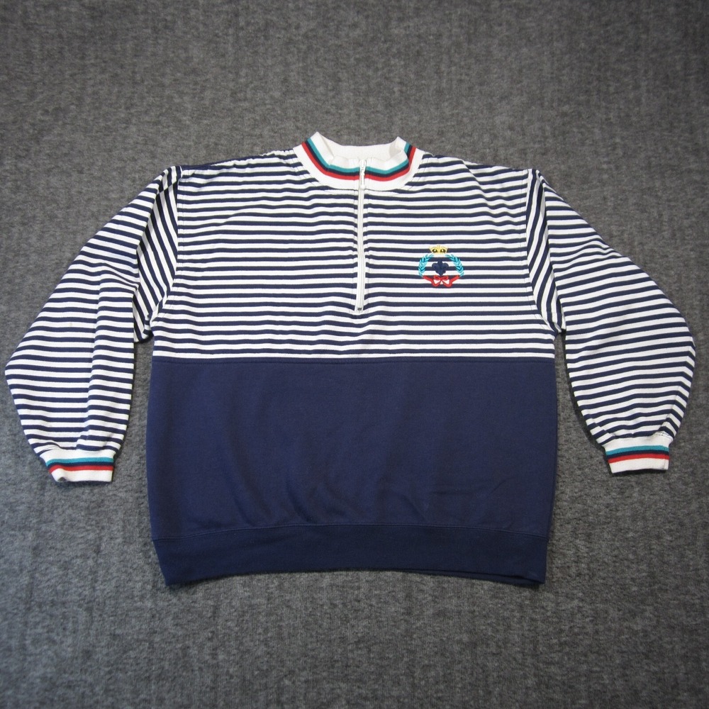 Vtg American Sportif 1/4 Zip Shirt Navy White Stripe Nautical Retro 90s Coastal